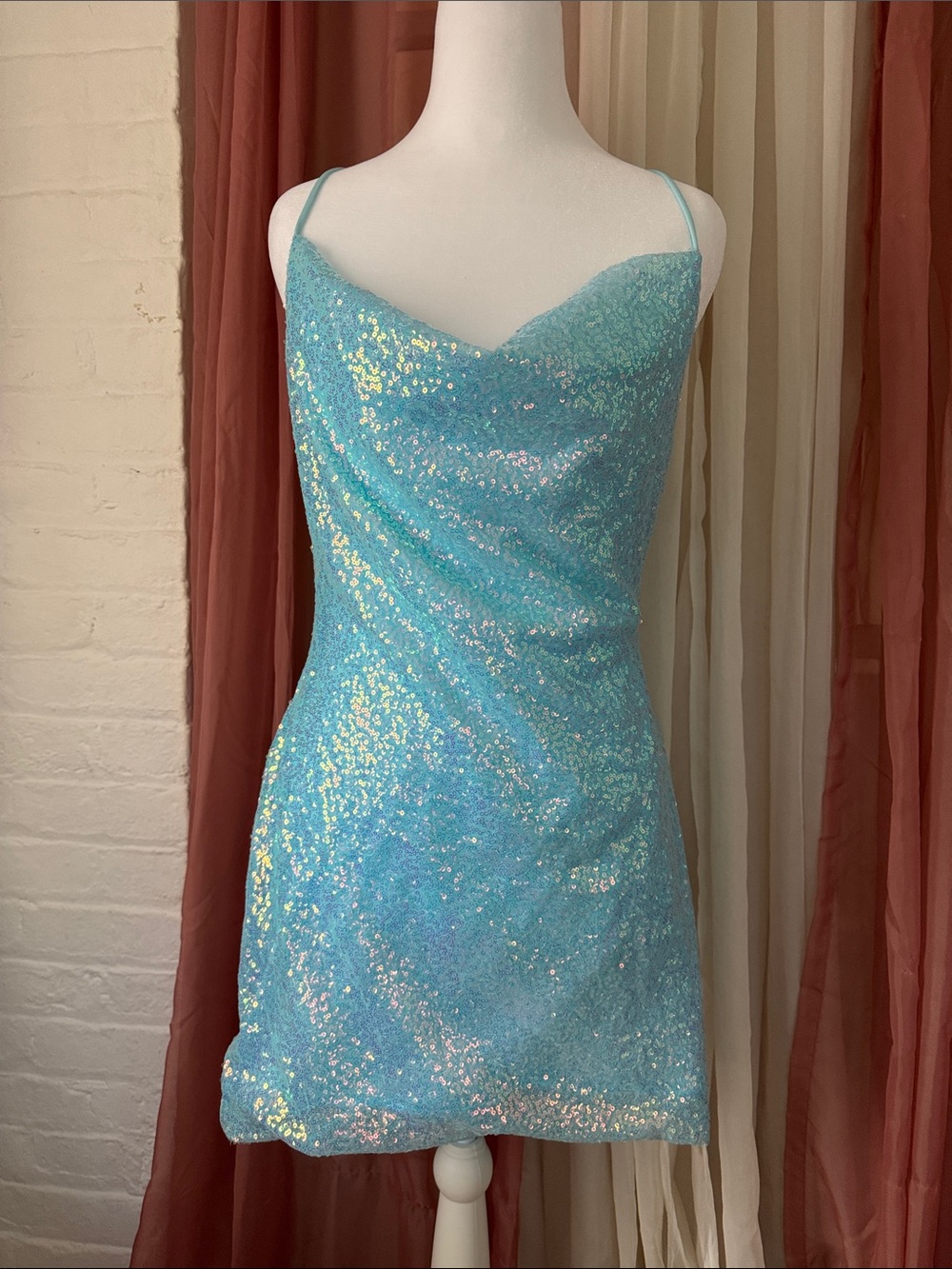 Lucy in the Sky Iridescent Aqua Sequin Cowl Mini Dress